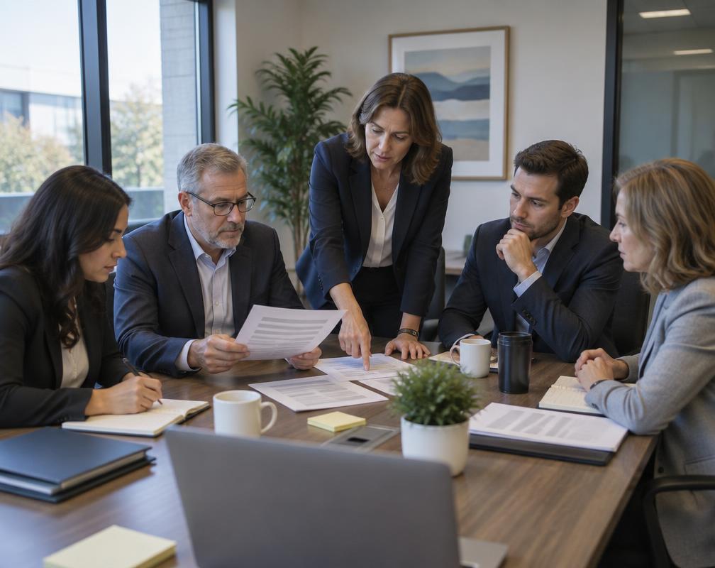 BETMED billing professionals in business attire reviewing documents in a conference room